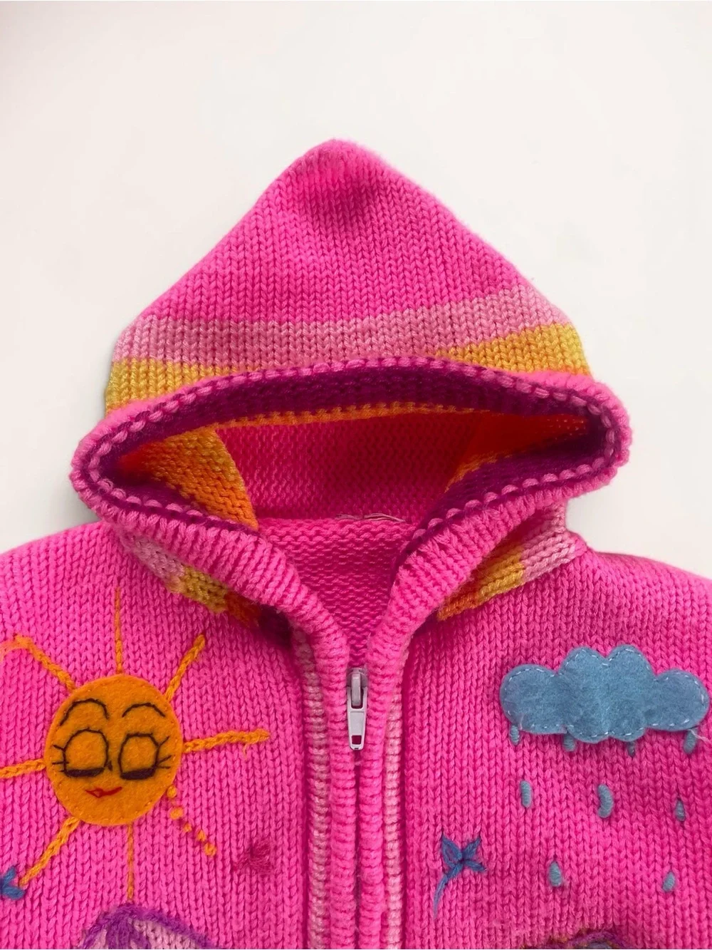 HANDMADE Neon Folk Art Storybook Landscape Hooded Knit Zip Up Cardigan